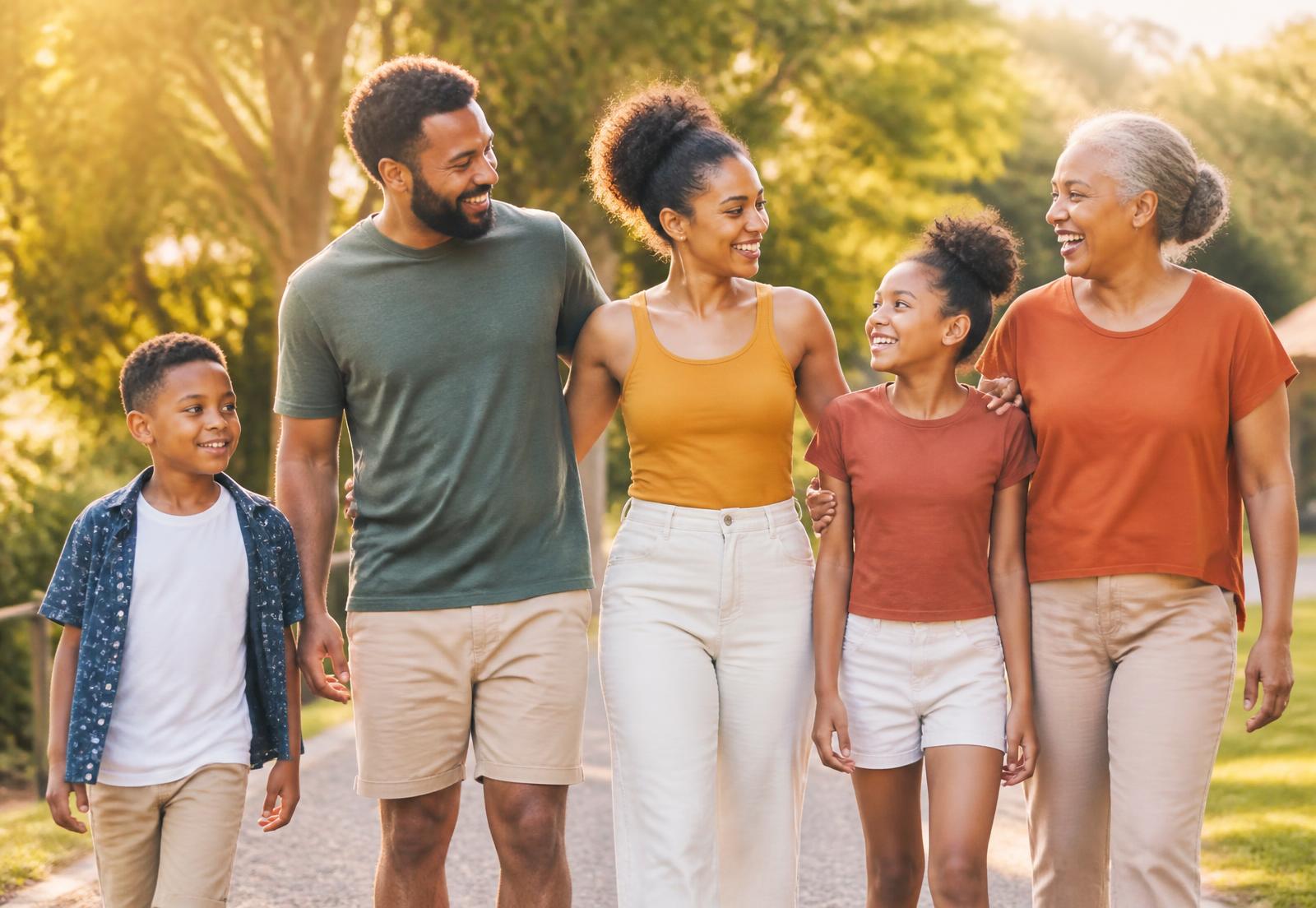 Three generations of a family walking together outdoors on a sunny morning